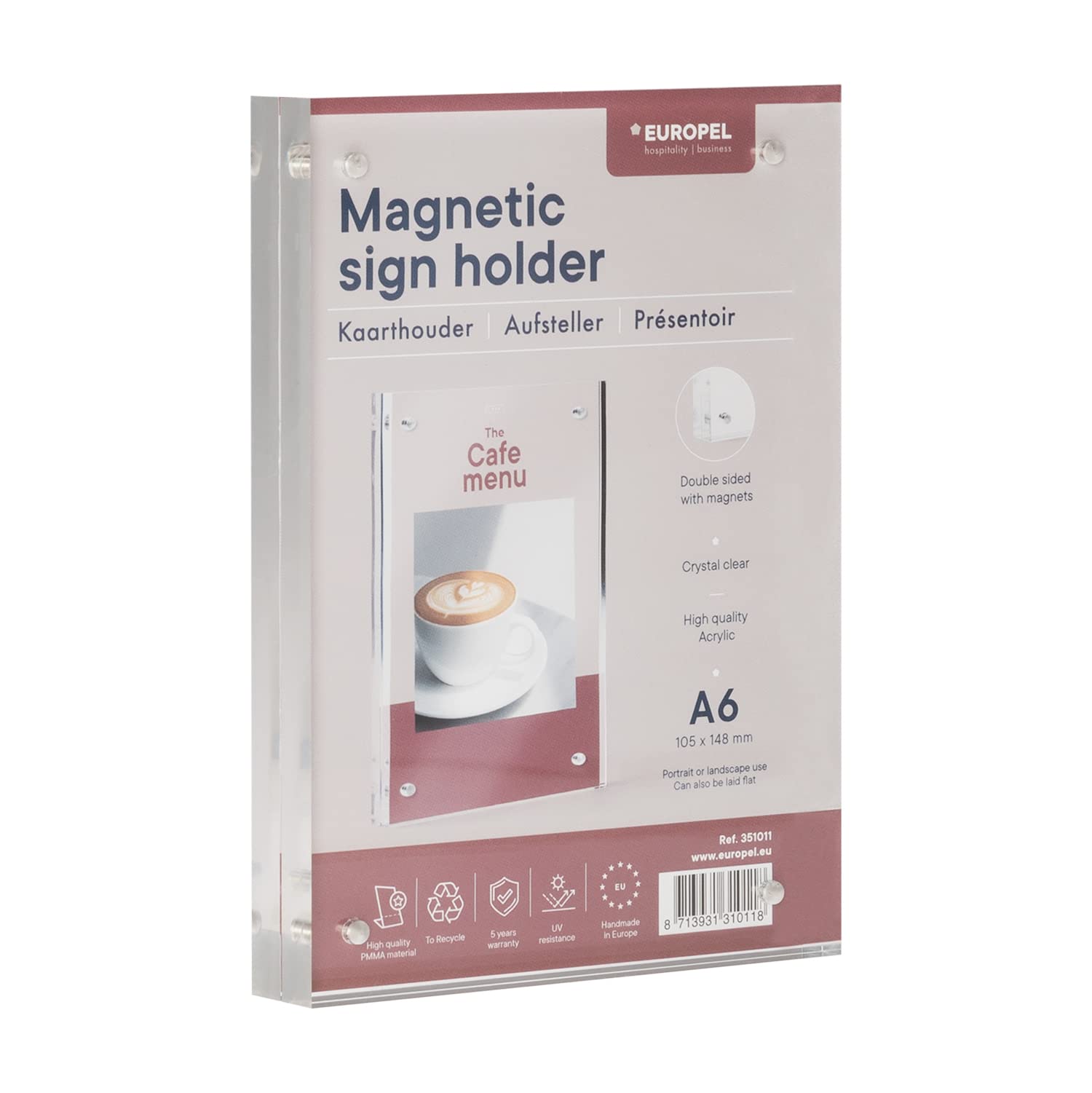 Europel Magnetic Sign Holder A6, Portrait or Landscape, Acrylic, 2x10mm, Menu&Leaflet Display Holder for Restaurants, Hotels, Conference & Reception, Free Standing&Double Sided