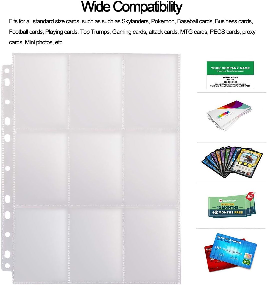 Double-Sided 1800 Pockets Trading Card Sleeves Pages, KangNa 9 Pocket Card Pages Protectors Collectors Fit 3 Ring Binder, for Pokemon, Trading, Baseball, Game, Business Cards and More, 100 Pages : Toys & Games