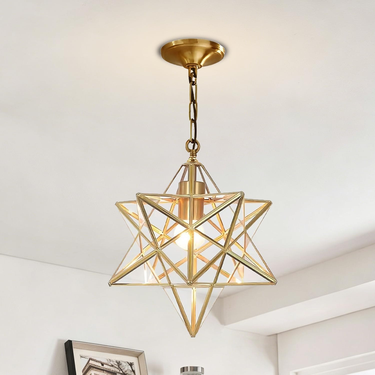 Lampadario a sospensione in vetro a stella con cristallo trasparente, lampadario rustico industriale vintage, lanterna sospesa, illuminazione a sospensione interamente in rame per soggiorno, ca