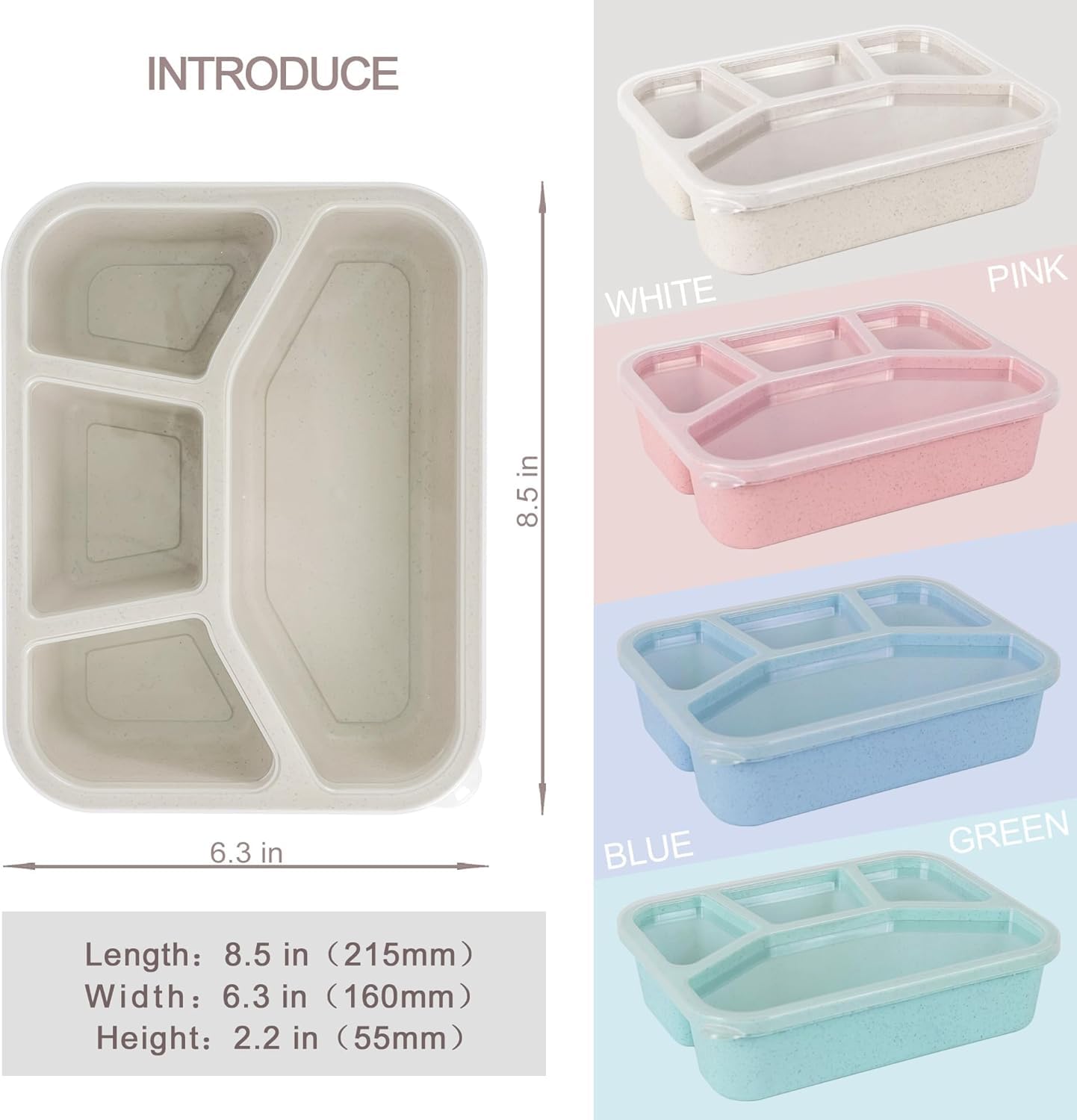 Bento Box z 4 przegródkami, bezpieczny pojemnik na żywność dla dzieci, dorosłych, idealny do szkoły, pracy, podróży (biały, różowy, niebieski, zielony)