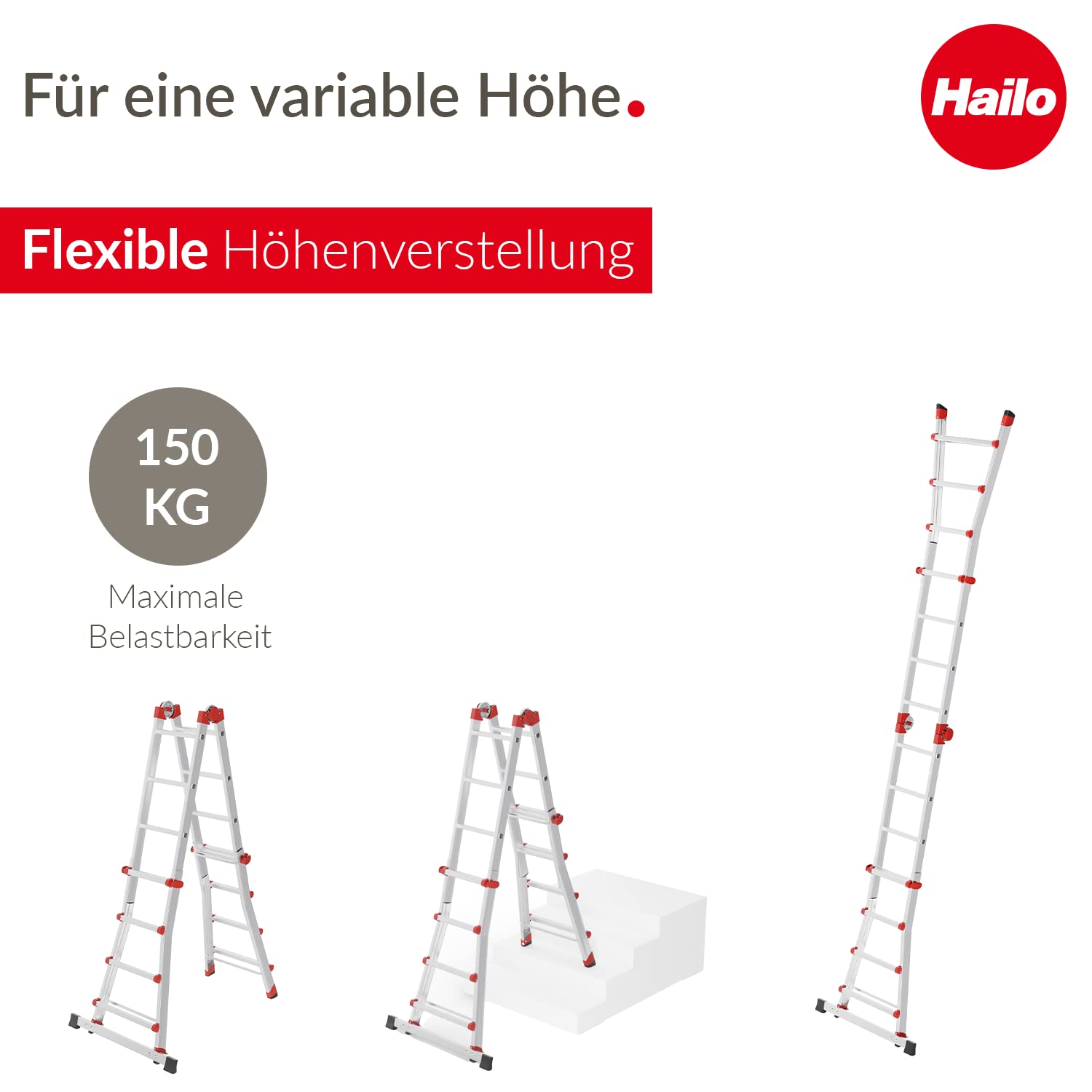 Hailo M80 - Escalera multifunción de Aluminio (4 x 4 peldaños, soporta hasta 150 kg, articulaciones de Seguridad y Asas de sujeción, Altura Regulable, Inoxidable), Color Plateado