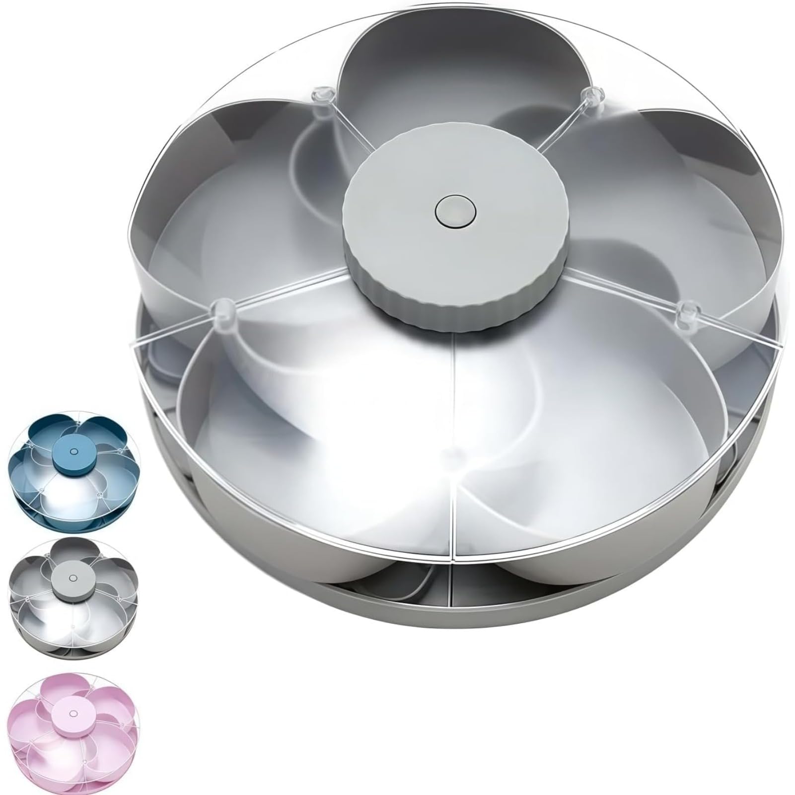 Rotating Divided Snack Tray with Lid 6 Compartment Serving Platter for Nuts Fruit Candy and Dried Snacks for Home Party Picnic Table (Grey,24.7 * 8.9cm)