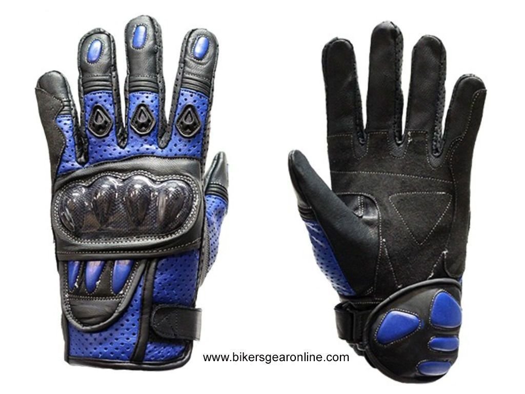 MEN'S MOTORCYCLE HARD ARMOR PROTECTION BLUE GLOVES W/RACING PADDED LEATHER (M)