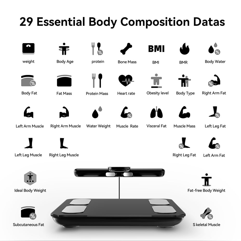Pèse Personne Balance Connectée Impédancemètre Avec 8 Électrodes 29 Données Corporelle Affichage LCD Recharge USB C Avec APP pour Andriod et iOS, Max. 180kg/400lb/28st, 30 * 30CM