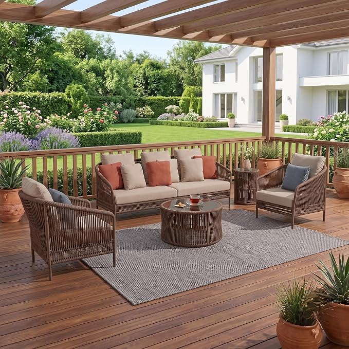 LOCCUS Outdoor 5 Seater Rope Patio Furniture Sofa Set with Center...