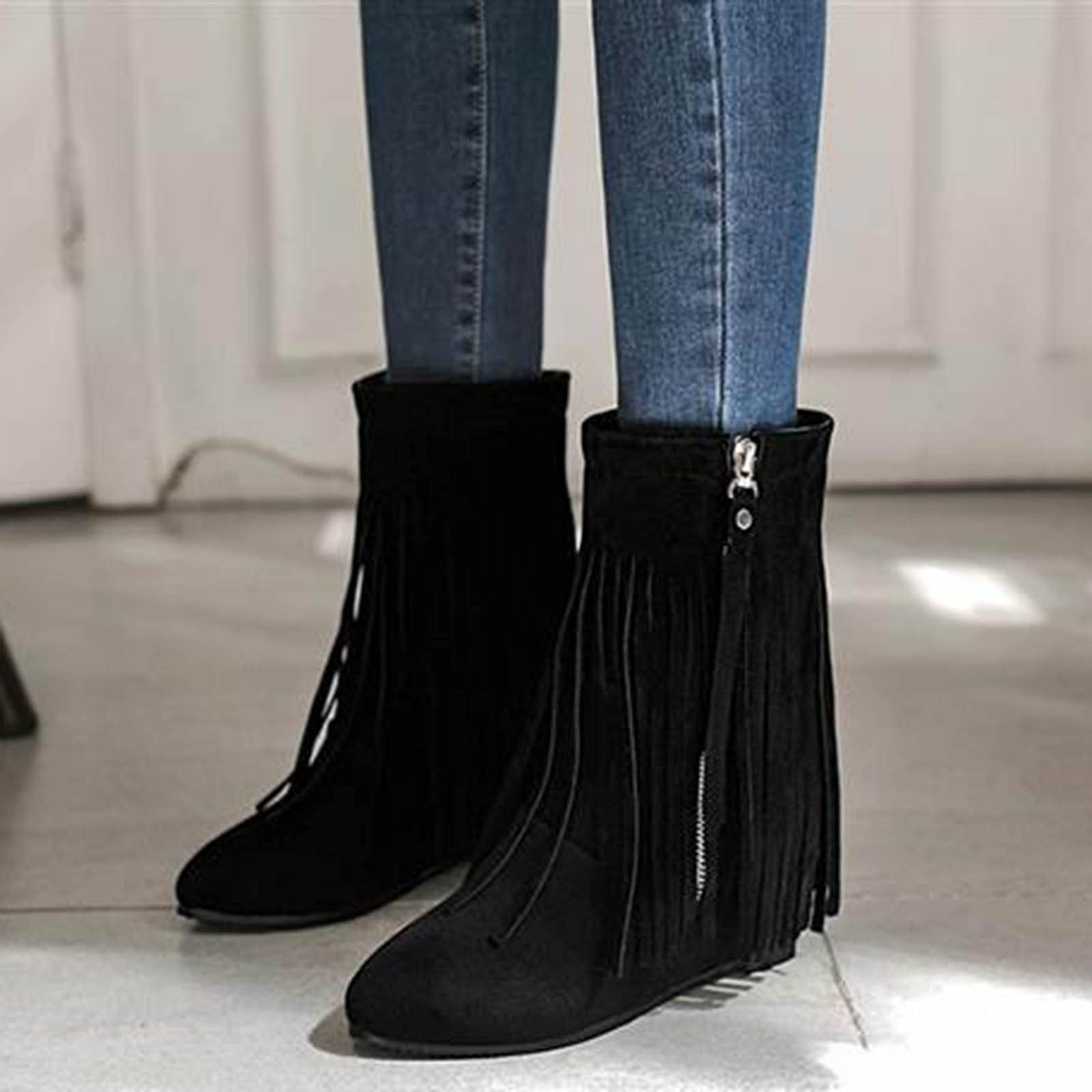 Botas MontañA-Botas Color Cremallera Tobillo SóLido Mujer Gamuza Flecos Botas CóModas para Mujer Botas Agua CañA Ancha
