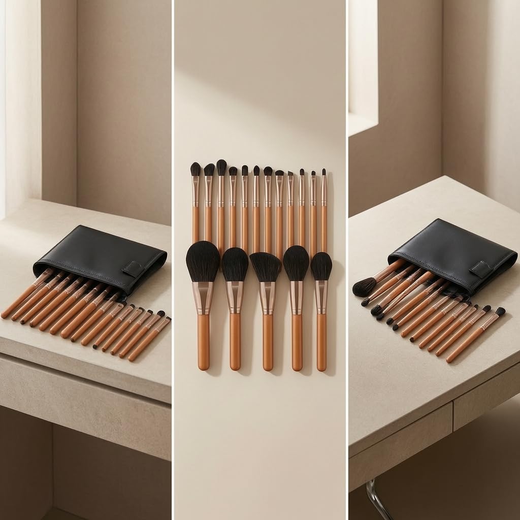 Set Pennelli Trucco 17 Pezzi, Manico, Fusto in metallo, Pennelli Trucco Oc, Sfumature, Per Estetiste, Set di 17 pennelli per trucco rosso acero con borsa pieghevole nera con coulisse