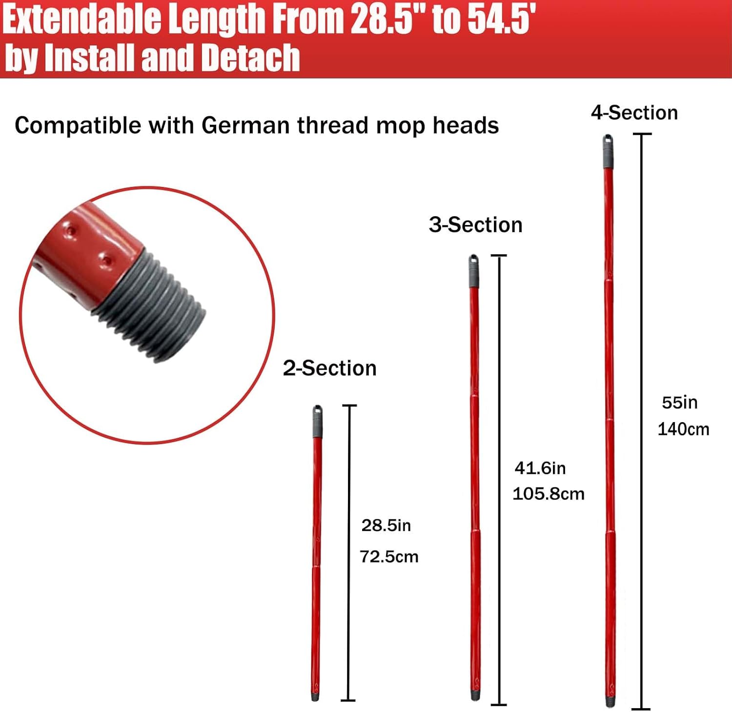 Mop Handle for Ocedar, Spin Mop Handle for O Cedar 4-Section 28.5-to-55inch Mop Replacement Stick Compatible with Ocedar Easy Wring Mop Refills Germany Screw Joint thumbnail