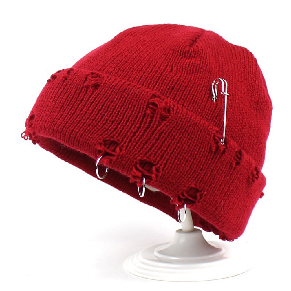HeiDmai Distressed Ring Beanie Hat Unisex Fashion Hip-hop Slouchy Knitted Skull Caps (Red)