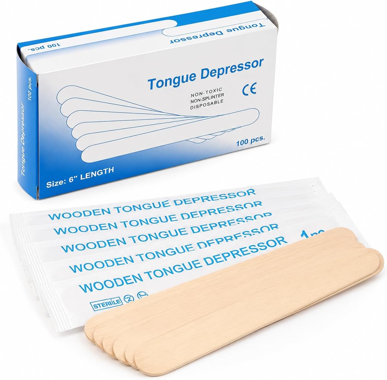 Dr Care Sterile Wood Tongue Depressors, 6 Inch, Disposable Wooden Spatulas for Dental Clinics, Waxing, Hair Removal (100)