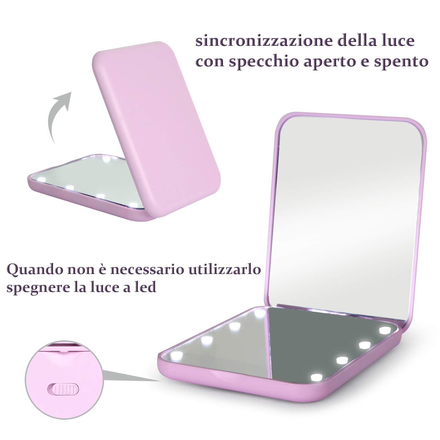 WOBSION Specchio Portatile con Luce LED per Viaggio,Pieghevole Specchietto da Borsetta di 1x/3x Ingranditore,Piccolo Mirror per Trucco con Interruttore Magnetico,a Regalo,Viola