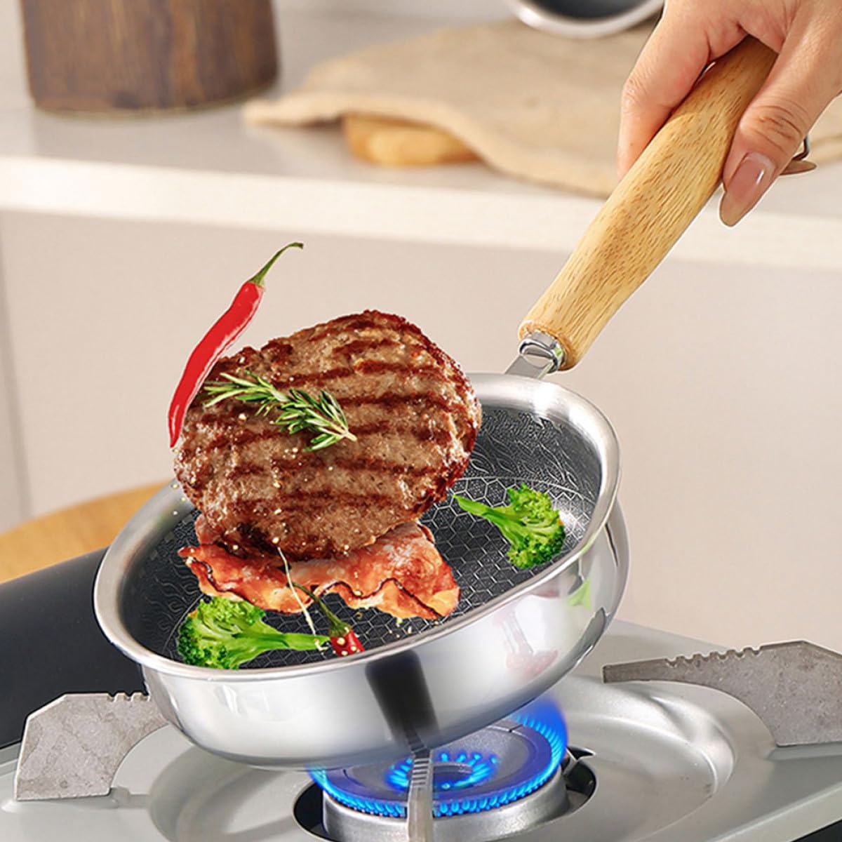 Angoily Padella Distribuzione Calore Uniforme Antiaderente in Inossidabile 316 con Rivestimento D'ape, Fondo per Uova e Bistecche