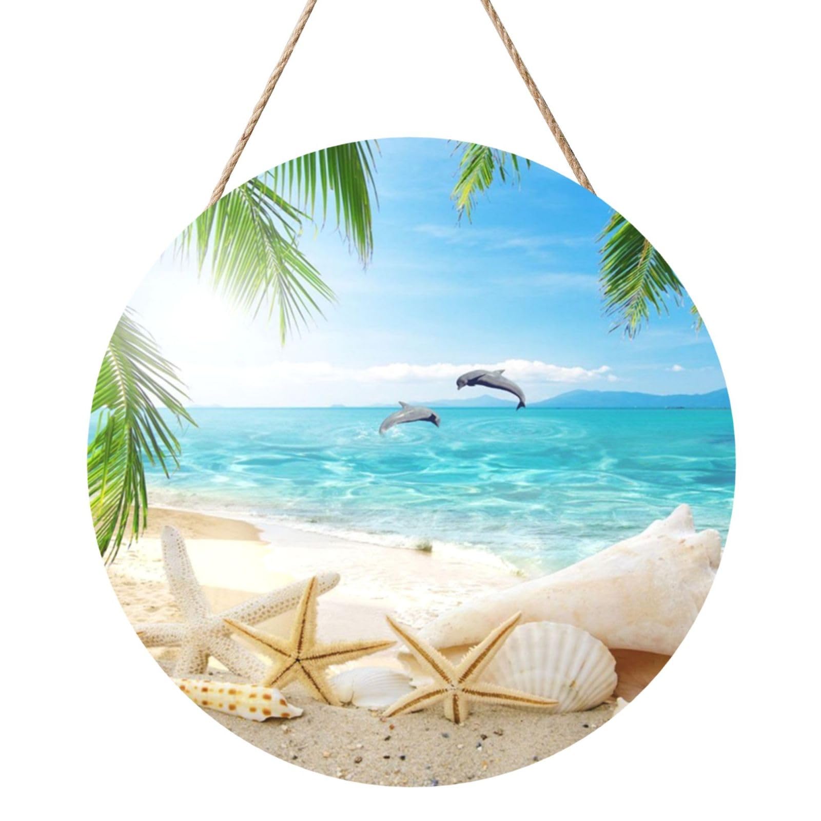 InOmak Starfish Beach Sea Palms Printed, Round Wood Panel Painting 12 in, Wall Hanging Painting For Home