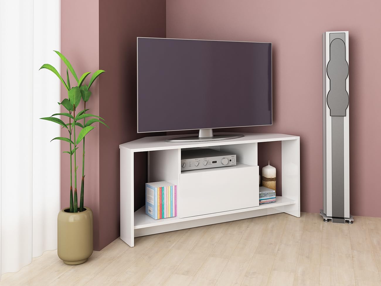 ARREDO DA CASA Mobile Porta TV Angolare Bianco Lucido, Design Moderno, 3 Vani a Giorno e Anta, Soggiorno Rovere Sbiancato e Chiaro/Grigio PTG3