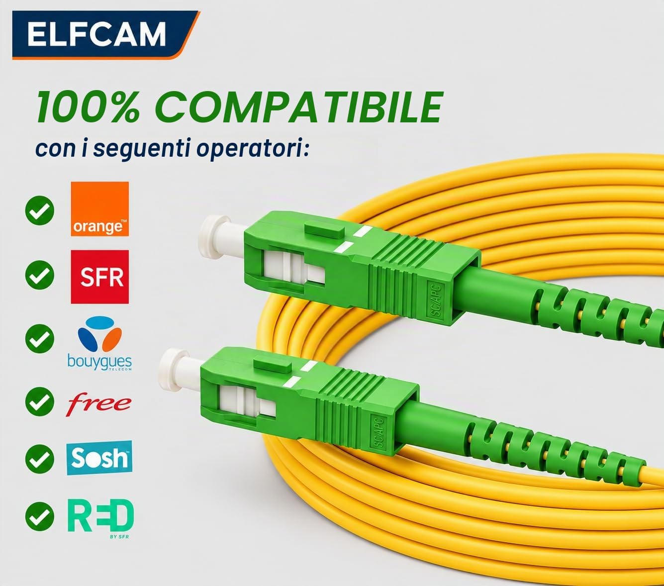 Elfcam - 10m Cavo Fibra Ottica SC/APC per SC/APC Simplex Monomodale 9/125μm LSZH, Giallo per TIM, Vodafone, WindTre, Fastweb, Iliad