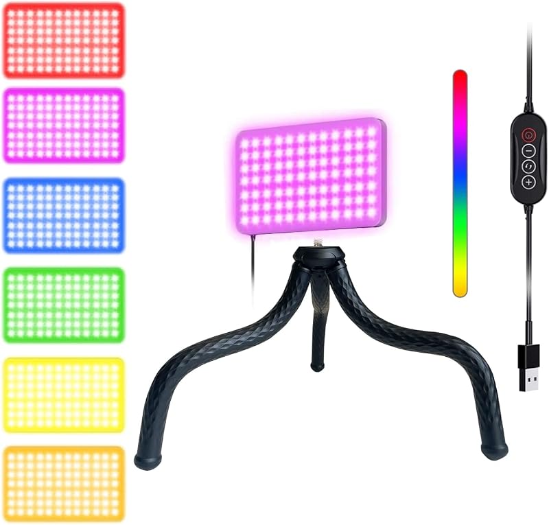 Fugetek Luz de vídeo LED RGB con trípode de escritorio flexible, 77 cuentas RGB, controlador con cable, alimentación por USB, portátil, 3200k-6500k, streaming, TIK Tok, fotografía
