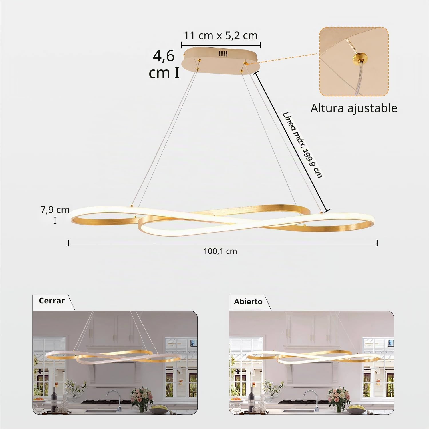 Lámpara de Araña LED Dorada para Iluminación de Isla de Cocina, Lámpara Colgante LED Moderna de 100 Centímetros, Altura Ajustable, Lámpara de Comedor de Oro Cepillado Sobre Mesa