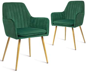 CangLong Juego de 2 Terciopelo, Silla Tapizada con Apoyabrazos, Patas de Metal, para Comedor, Cocina, Sala de Estar, Color Verde, Espuma, Unidades
