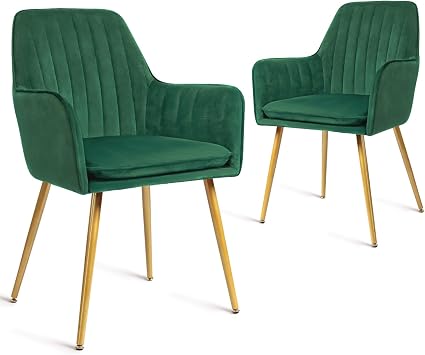 CangLong Set of 2 Mid Century Modern Velvet Dining Chairs Upholstered Accent & Vanity Chairs with Metal Legs for Kitchen, Living Room, Bedroom, Green
