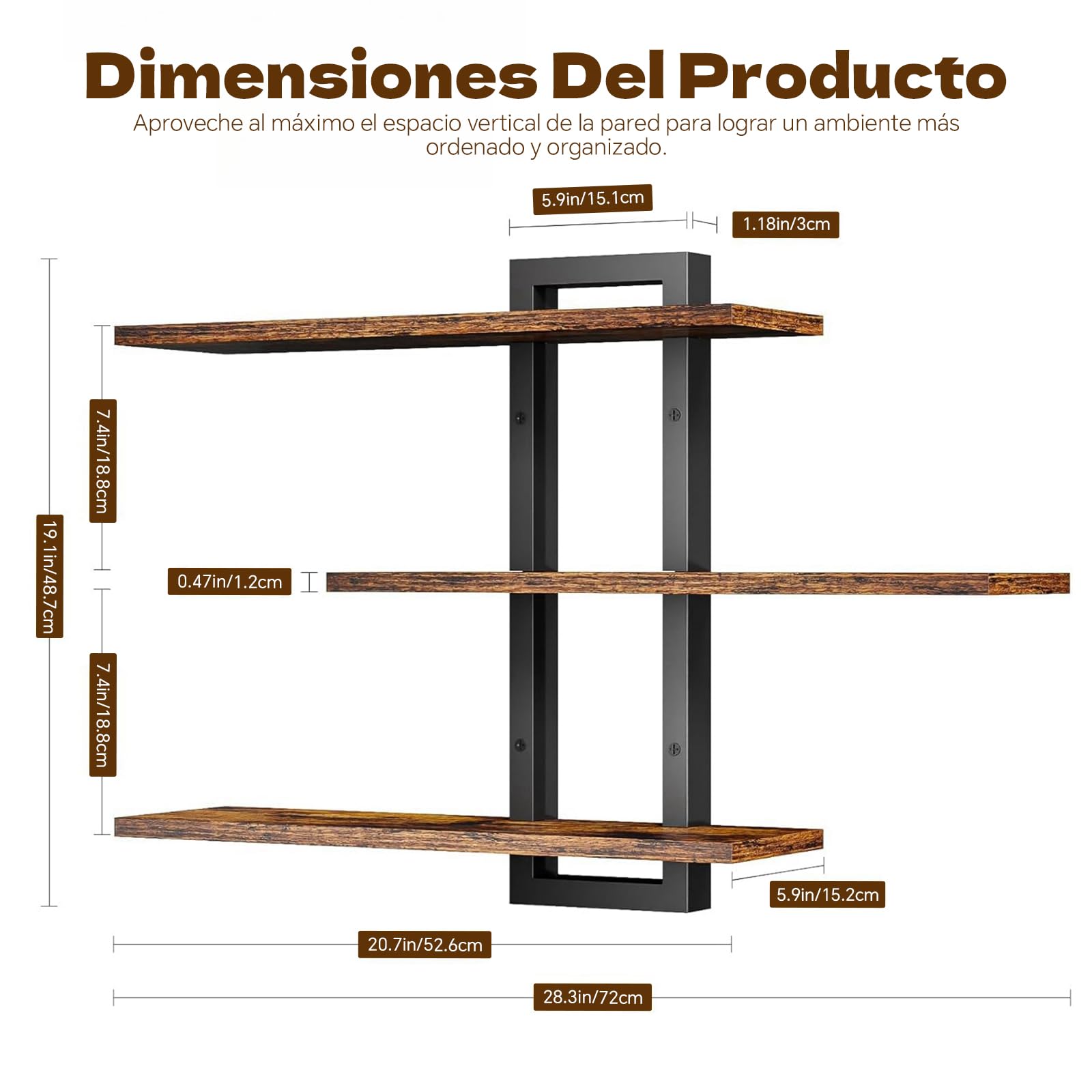 Estantería de Pared de 3 Niveles, Estante Flotante, Repisas de Pared, Estante Colgante Ajustable Decorativo para Sala de Estar, Baño, Dormitorio, Cocina (Marrón)