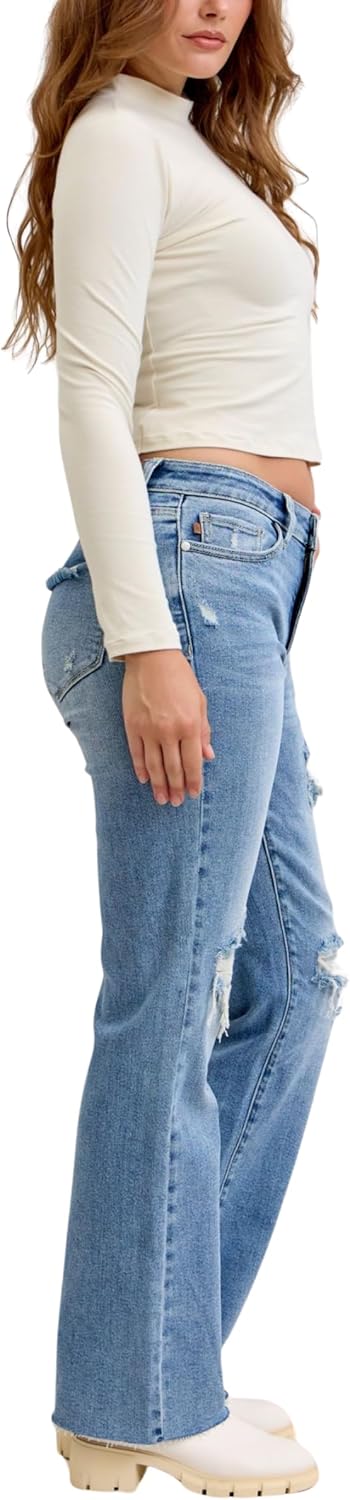 Judy Blue Mid Rise Light Wash Destroyed 90's Straight, Inseam 32" - Image 4