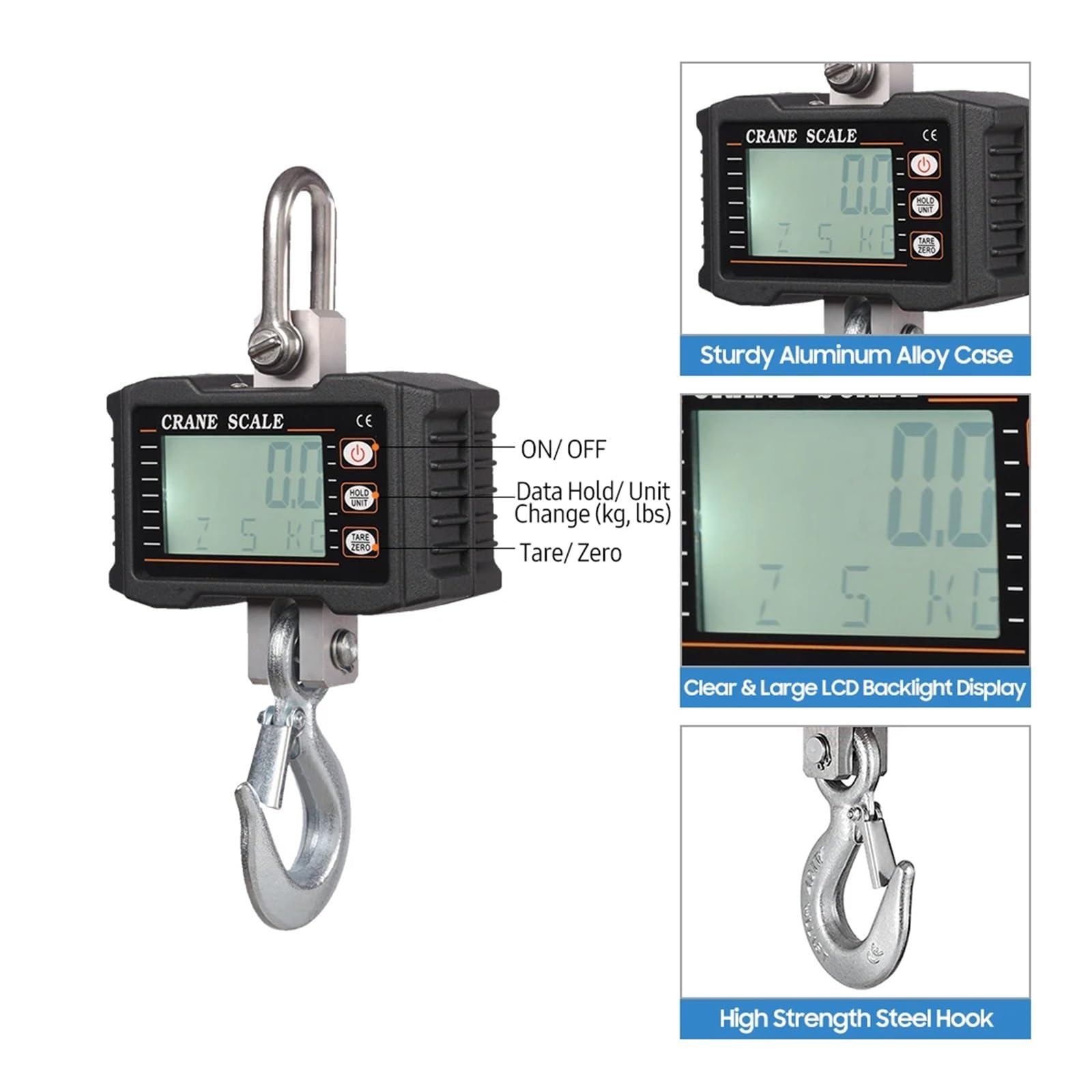 Báscula colgante digital de 1000 kg/2204 lb, portátil, resistente, con gancho, retroiluminación LCD, cambio de unidad/retención de datos Retención y tara(Blue)