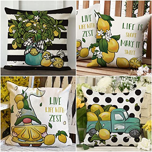 Anydesign Lemon Pillow Covers Summer Lemonade Gnome Throw Pillow Cases Rustic Polka Dots Stripe Truck Decorative Cushion Case For Holiday Indoor Outdoor Farmhouse Sofa Home, 18 X 18 Inch, 4 Pack #TOP6