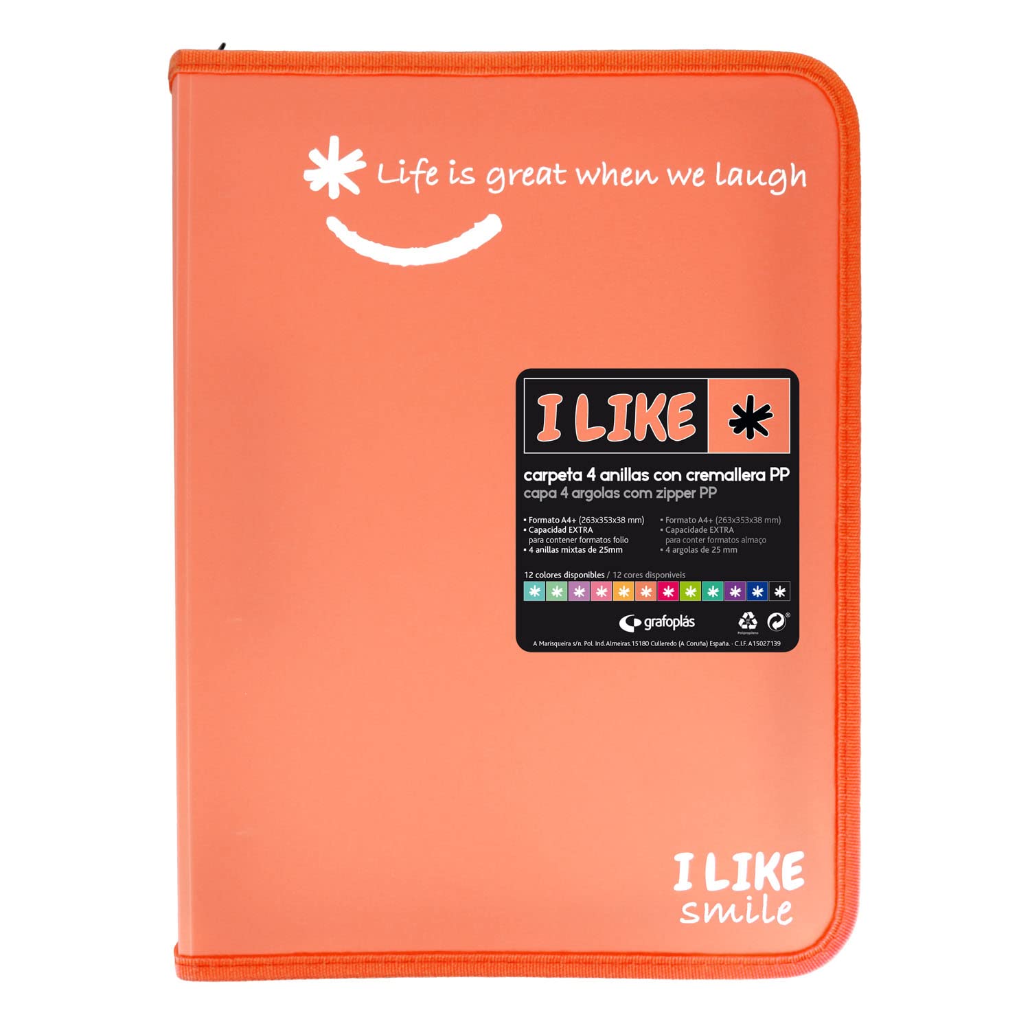 Grafoplás 4800984. Ring Binder with Zip, A4+, Coral, 4 Rings 25 mm, Like, Polypropylene