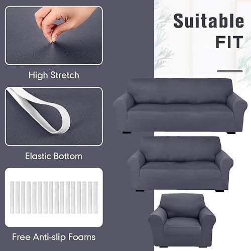 Miniatura 5 de Peryiter Juego de 3 fundas para muebles de sofá, sofá biplaza, sillón, sillón, ajuste elástico, sin arrugas, protector de muebles (gris oscuro,