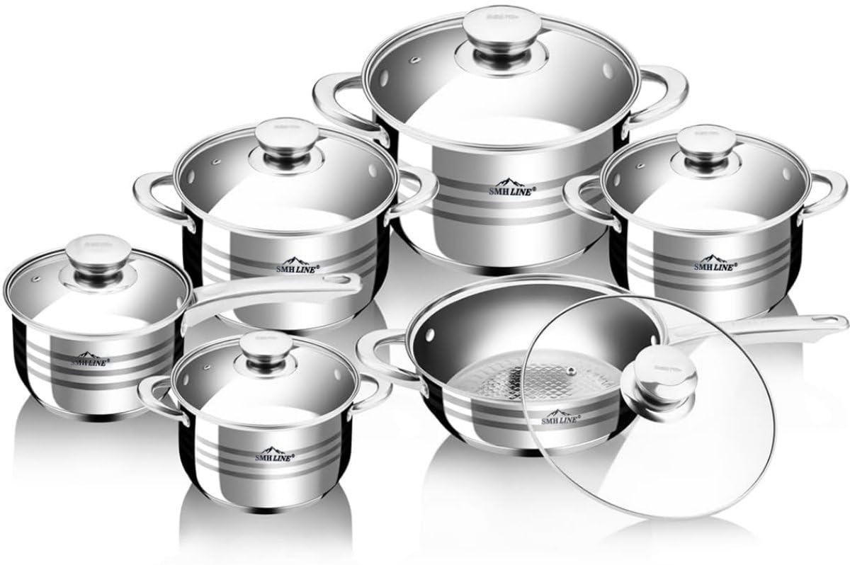 SMHLINE® 12-tlg Topfset Töpfe Set induktionsgeeignet Kochtopf Set Pfannen Edelstahl Kochgeschirr Pfannenset Glasdeckel Küchensets Bratpfanne