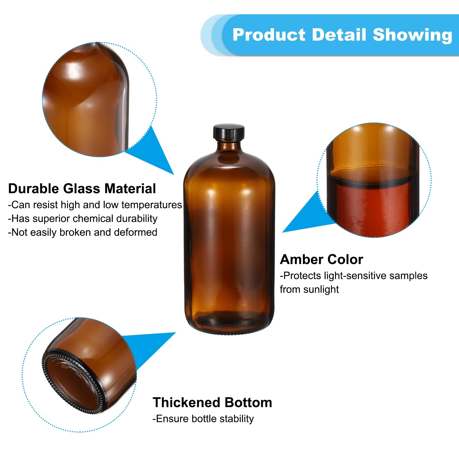 PATIKIL 32Oz(960ml) Frascos De Vidrio Para Muestras, 4Pcs Frascos Redondos Con Tapa Negra De Polietileno Para Líquidos Reactivos, Aceites Esenciales, Perfume, Ámbar