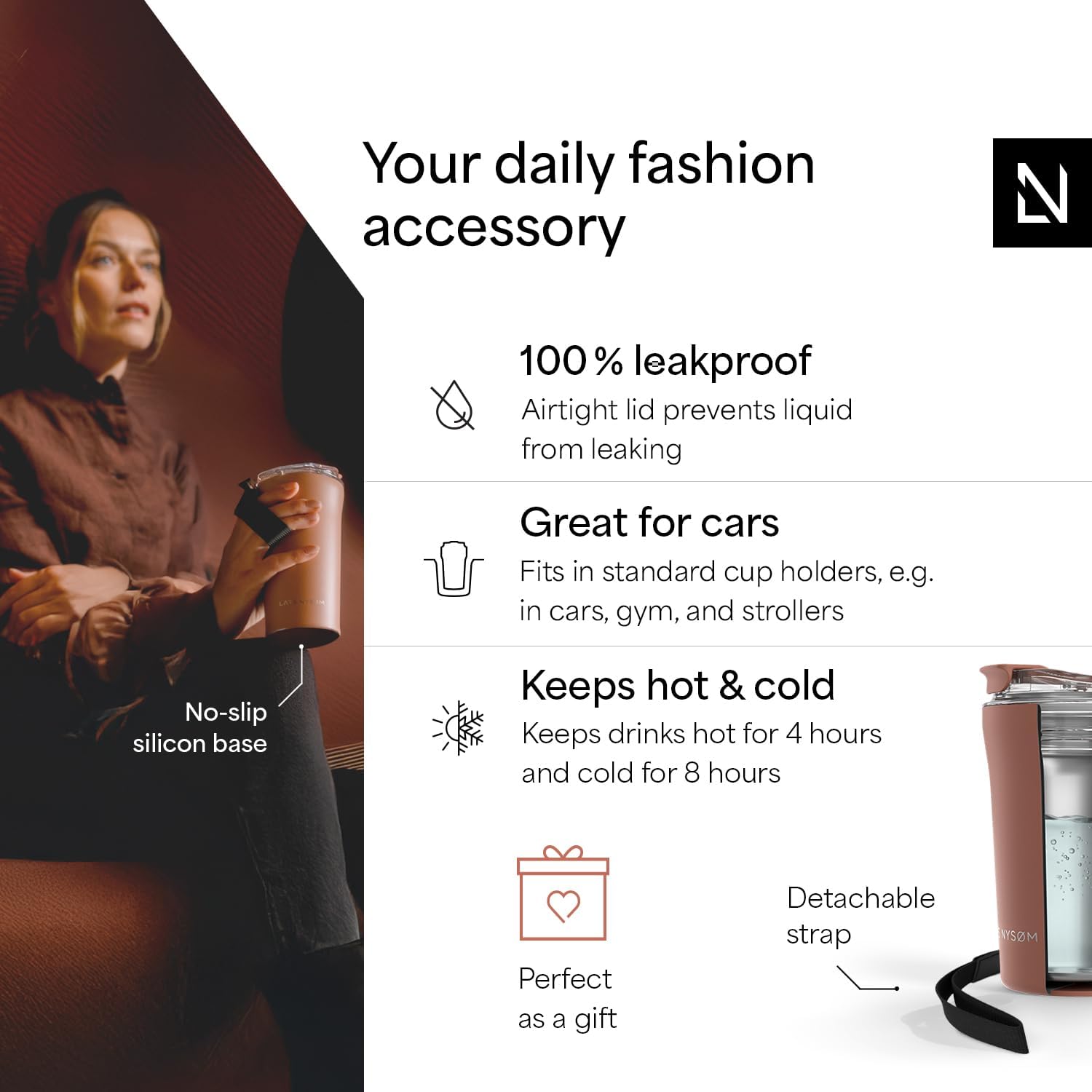 LARS NYSØM Thermo Coffee Mug to go with Strap 13oz | Travel Mug 0.38 Liter with Insulation | Leak Proof Stainless Steel Thermal Tumbler for Coffee and Tea to Go (Brick Red, 12.9oz) - Image 2