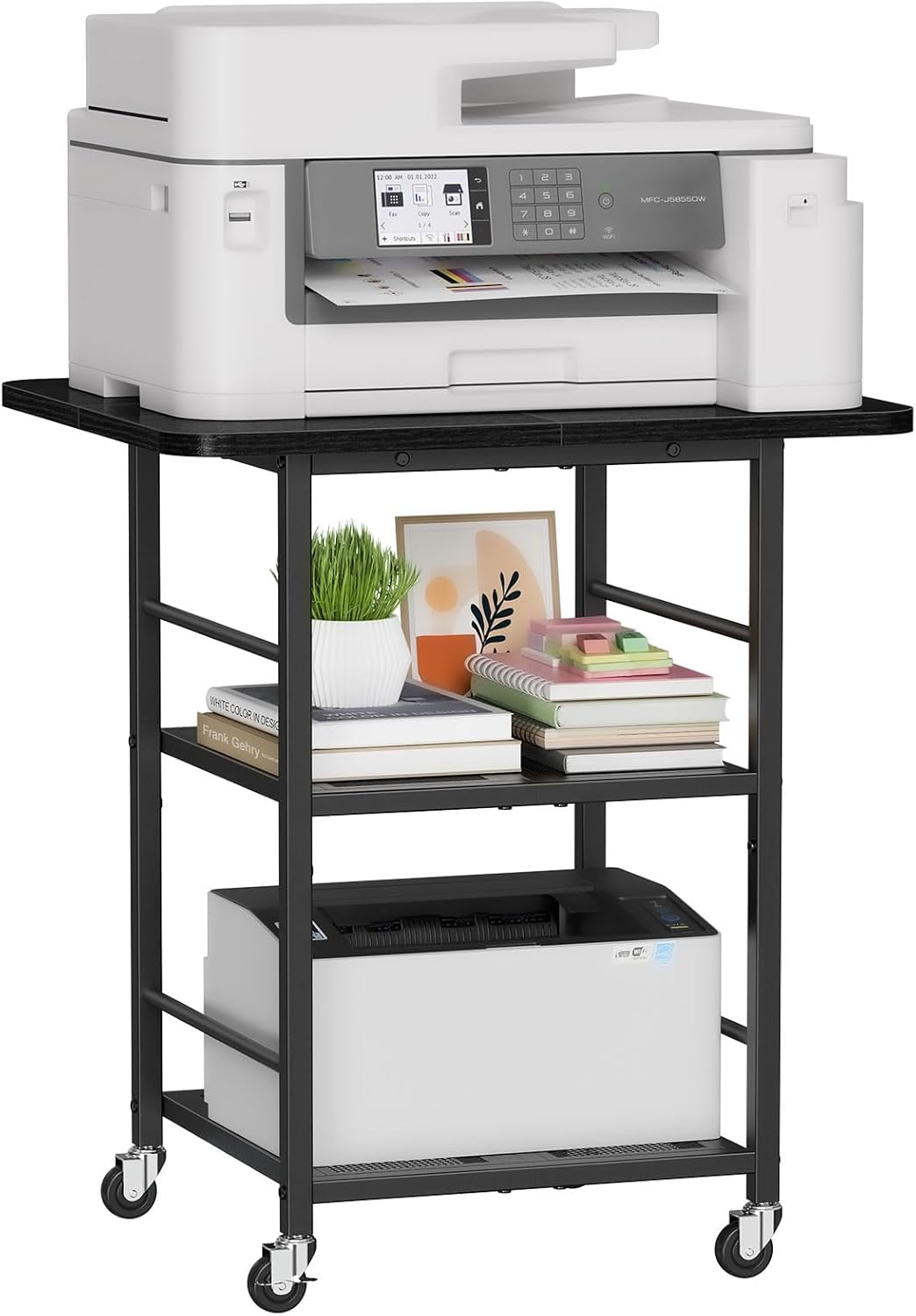 Snughome 3-Tier Printer Stand, 19.7" D×23.6" W×26.5" H Extra Large Printer Table with Storage Shelves, Rolling Cart with Lockable Wheels for Home Office, Black
