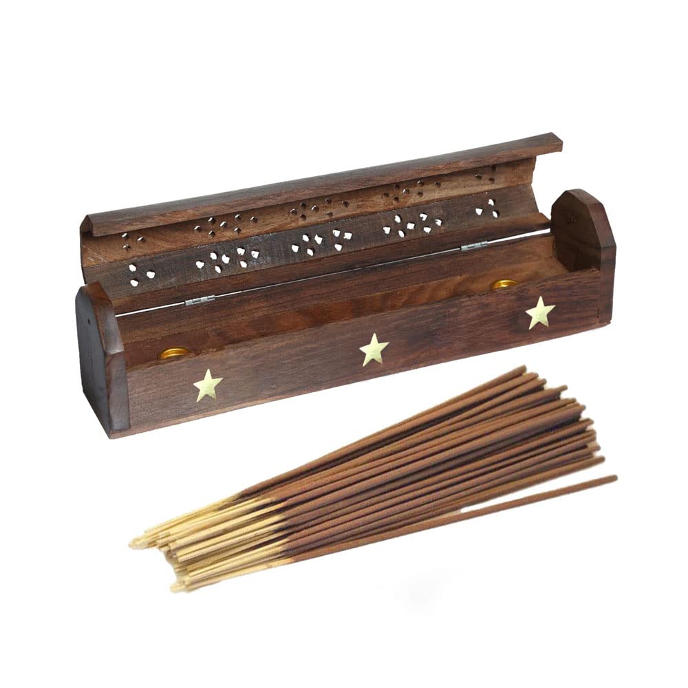 VR Angel Wooden Incense Stick Holder Storage Box With 10-15 Incense Sticks, Handmade Brown Coffin Box, Ash Catcher With Brass Inlay, Perfect for Any Occasion (3 Star Design) — image 1