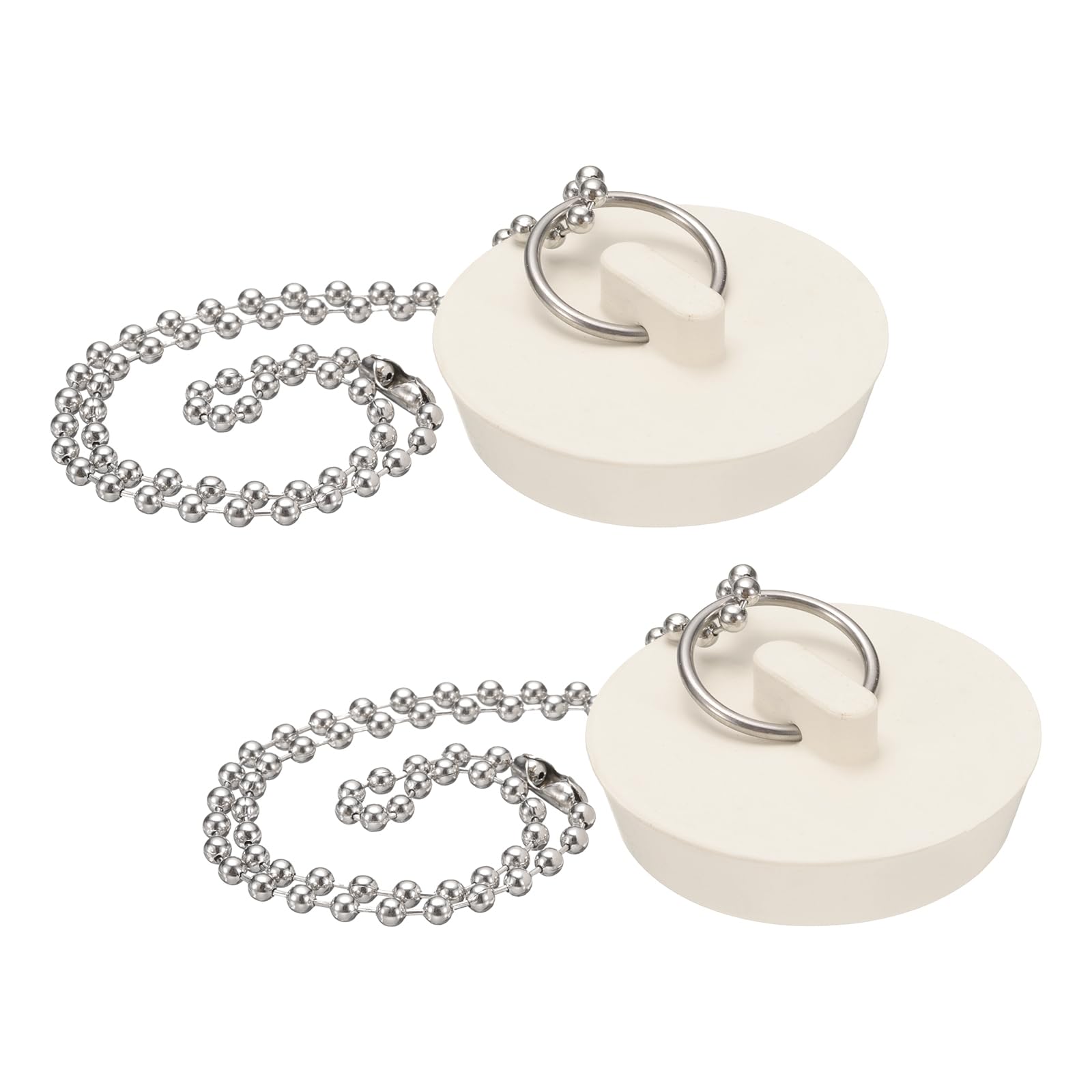 uxcell 2Pcs Drain Stoppers, Rubber Bathtub Stopper Sink Plugs Caps with Hanging Ring and 15" Bead Chains for Bathtub Kitchen Bathroom (White - 1.77"