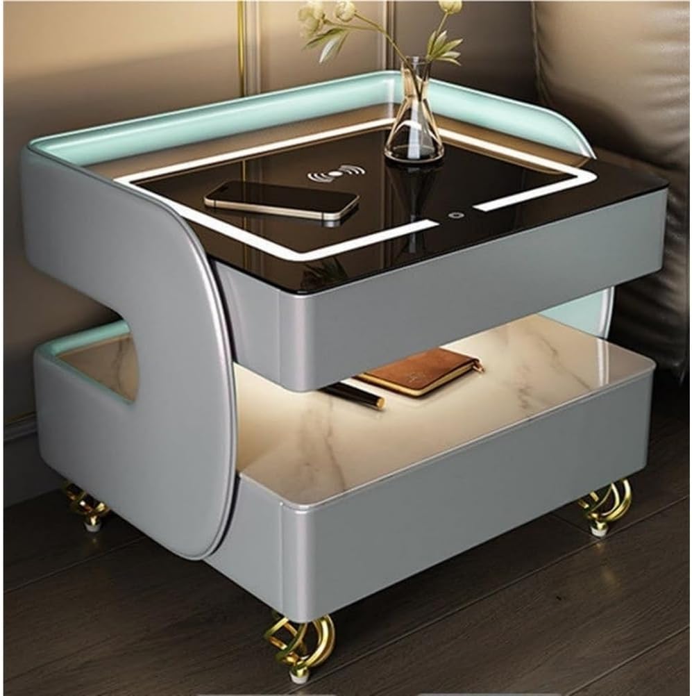 Smart Bedside Table, Led Nightstand, Smart Wooden Nightstand - Wireless Charging, Modern Bedside Table for Bedroom, Dorm,B,45 * 40 * 51cm
