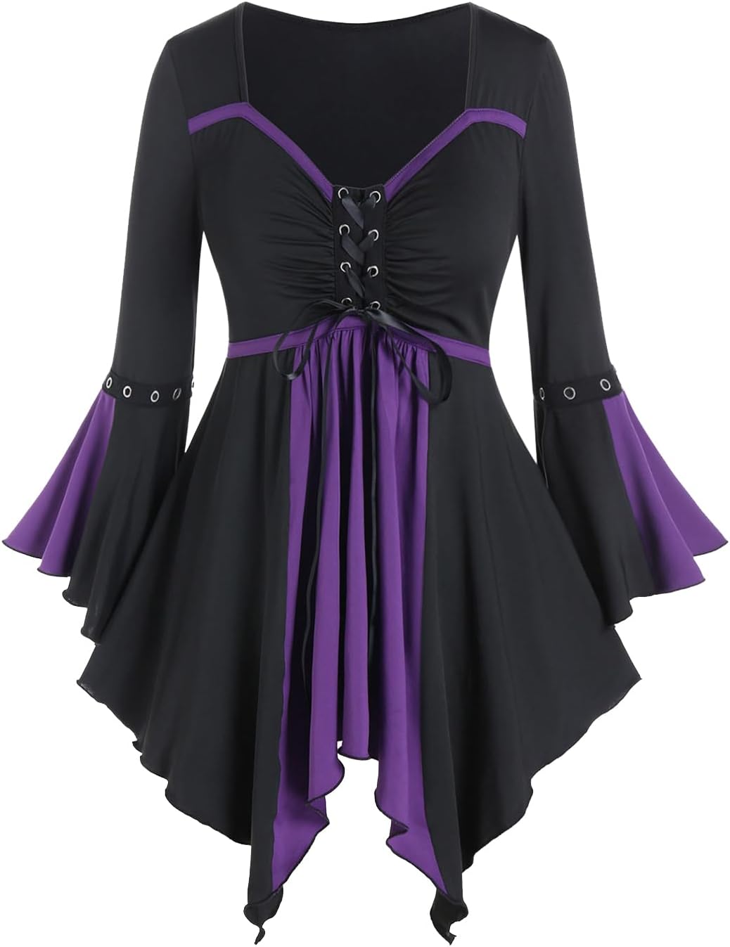 ROSE GAL Rosegal Women Plus Size Gothic Flare Sleeves Lace-up Two Tone Handkerchief Tee Halloween Costume Bell Sleeves Top