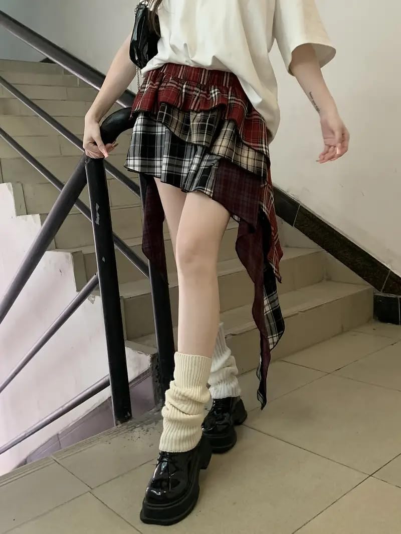 Asymmetric Plaid Mini Skirt, Burgundy and Black, Ruffle Layered Design