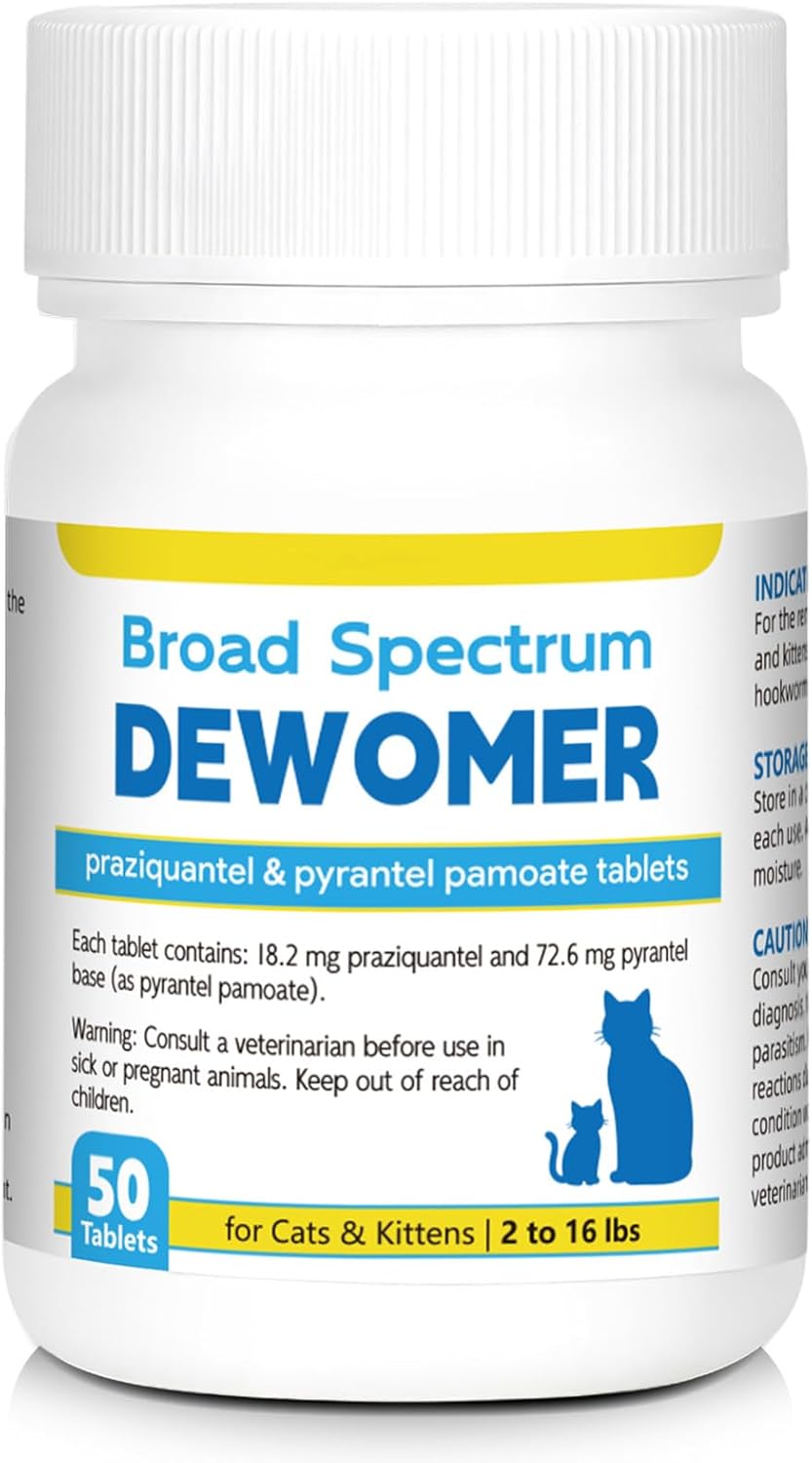 Dewormer for Cats and Kittens, Broad Spectrum for Worms，Removal of Tapeworms, Hookworms & Roundworms, 50 Tablets