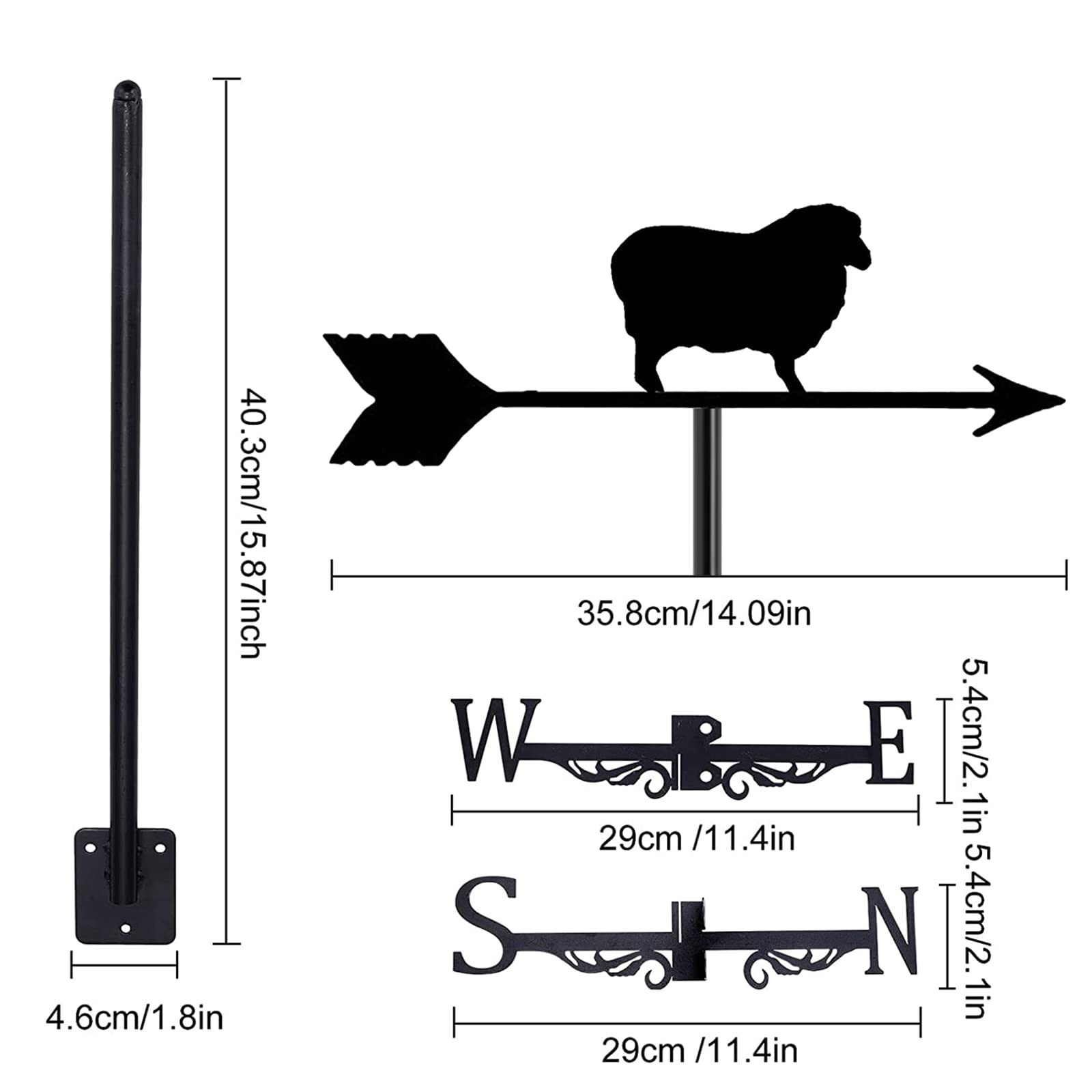 Wetterfahne Mit Schwarzem Metallschaf-Ornament Windrichtungsanzeiger Dachdekoration Zubehör Wetterhahn Für Garten Patio Outdoor Bauernhof Gazebo, Sheep B