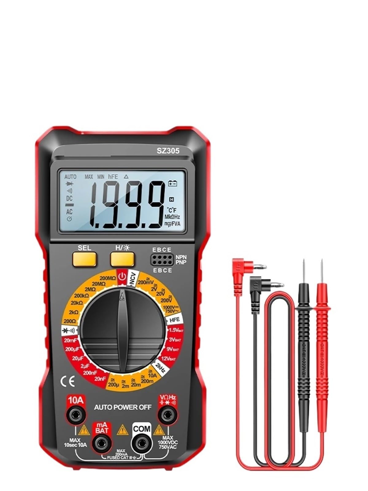 1pc SZ305 Multimeter Capacitor Testers 1999 Counts Smart Voltmeter AC/DC Votage Current Resistance Ohm Test Tools(SZ305 Red)