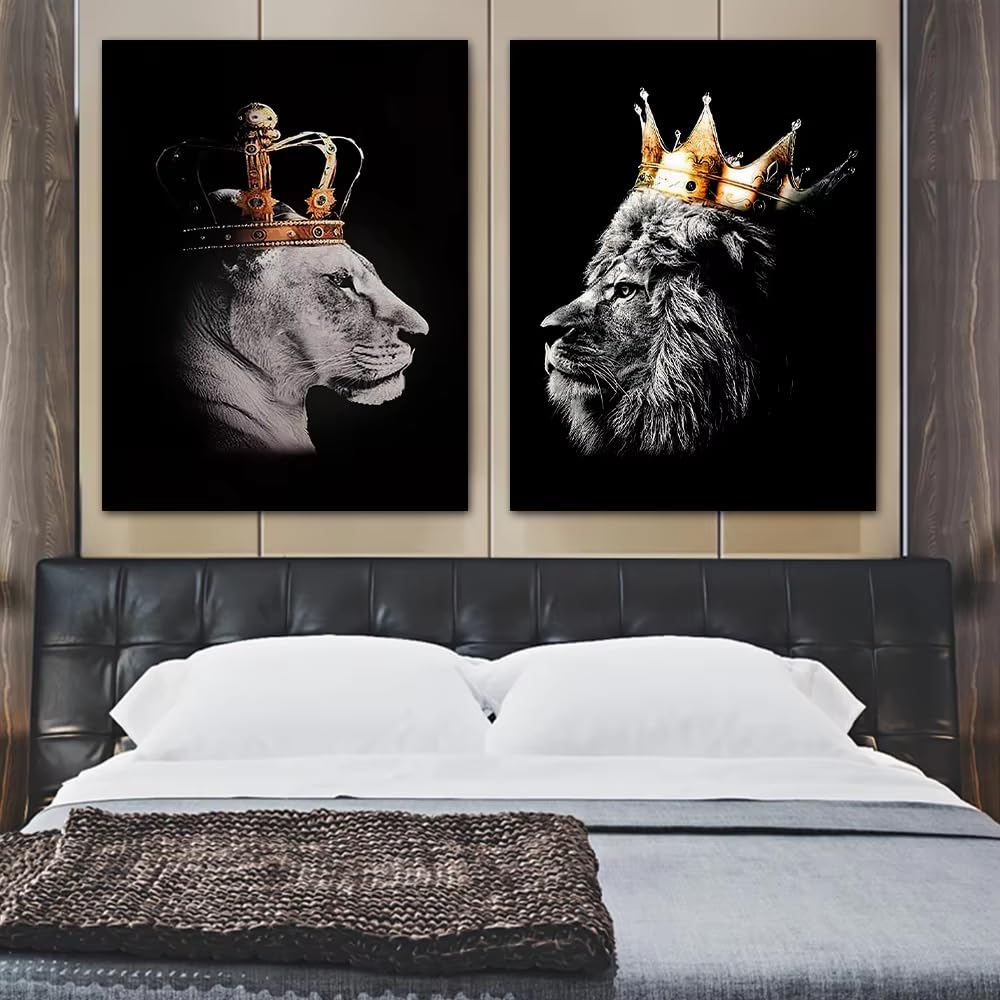 IHHGNB Lion Couple Picture Canvas Prints, Black Lion Lioness With Crowns Canvas Painting Posters Wall Art for Bedroom Decor(70x90cm(28x35in) x2/No frame)