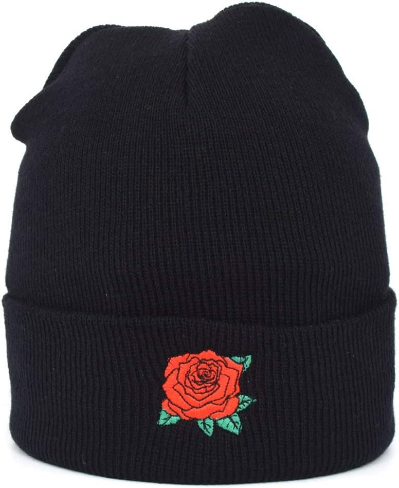 Red Rose Embroidery Cuffed Beanie Skully Men Women Knit Hat Winter Cap