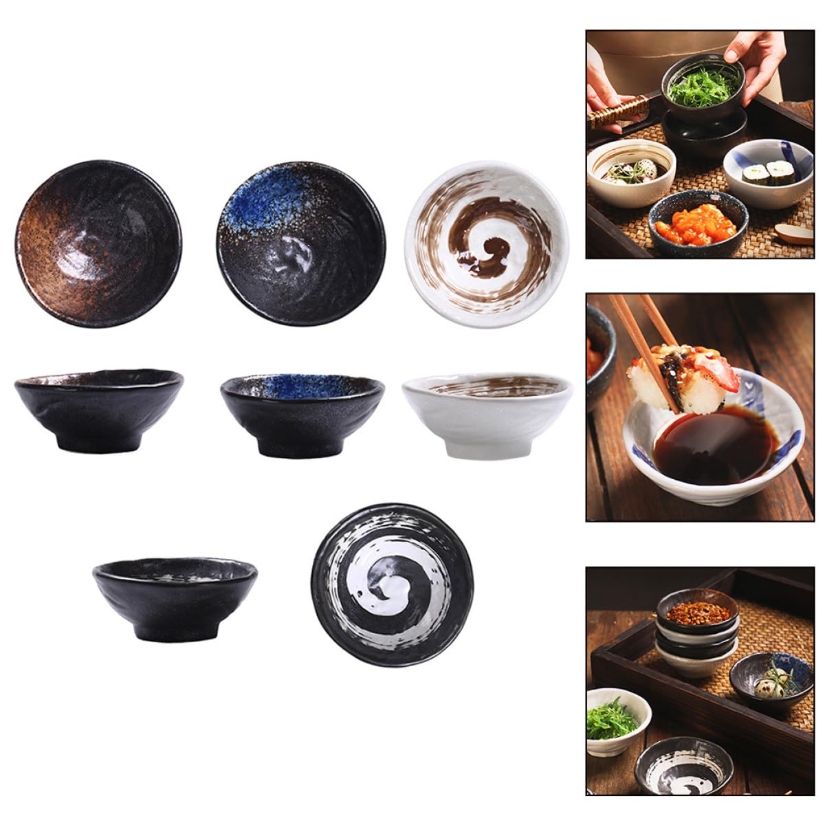 SHINEOFI Set de 4 Bols à Sauce Céramique Style Japonerie, Plats à Trempette Délicats et Créatifs Maison, pour Servir Snacks et Conserver Sauces
