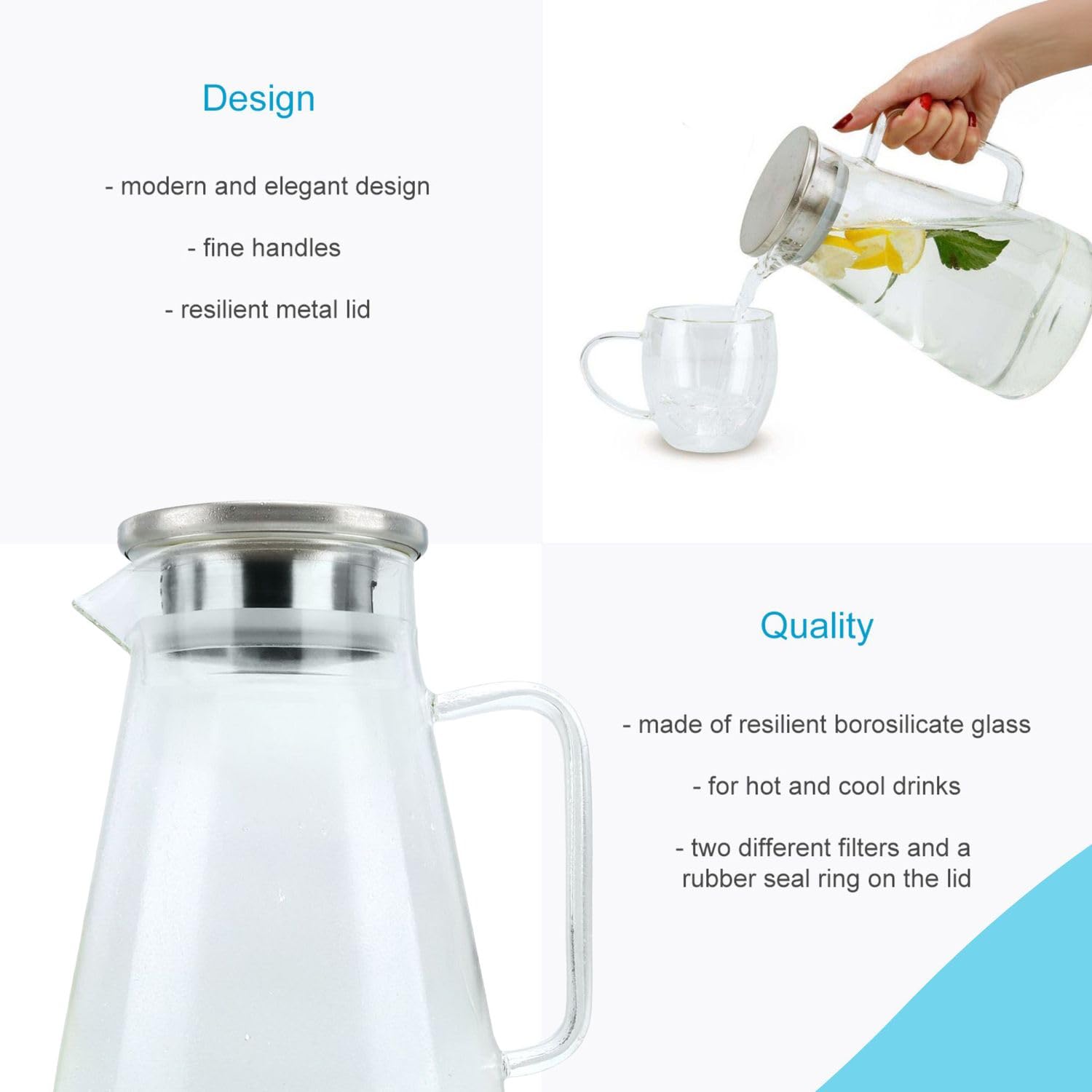 Intirilife 1,5l Caraffa in CHIARO - Brocca con coperchio in vetro borosilicato con manico e filtro estraibile adatta per bevande calde e fredde - acqua caffè ghiaccio tè ecc.