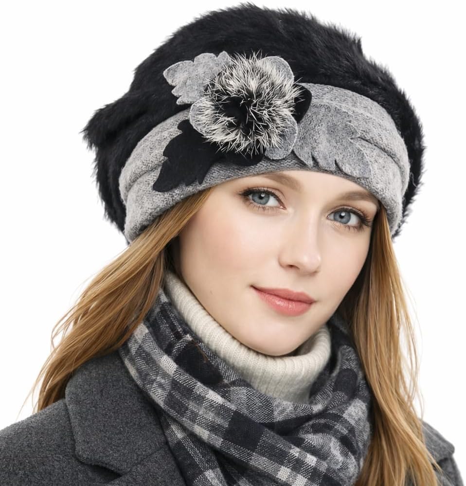 VECRY Lady French Beret 100% Wool Beret Floral Dress Beanie Winter Hat - Image 5