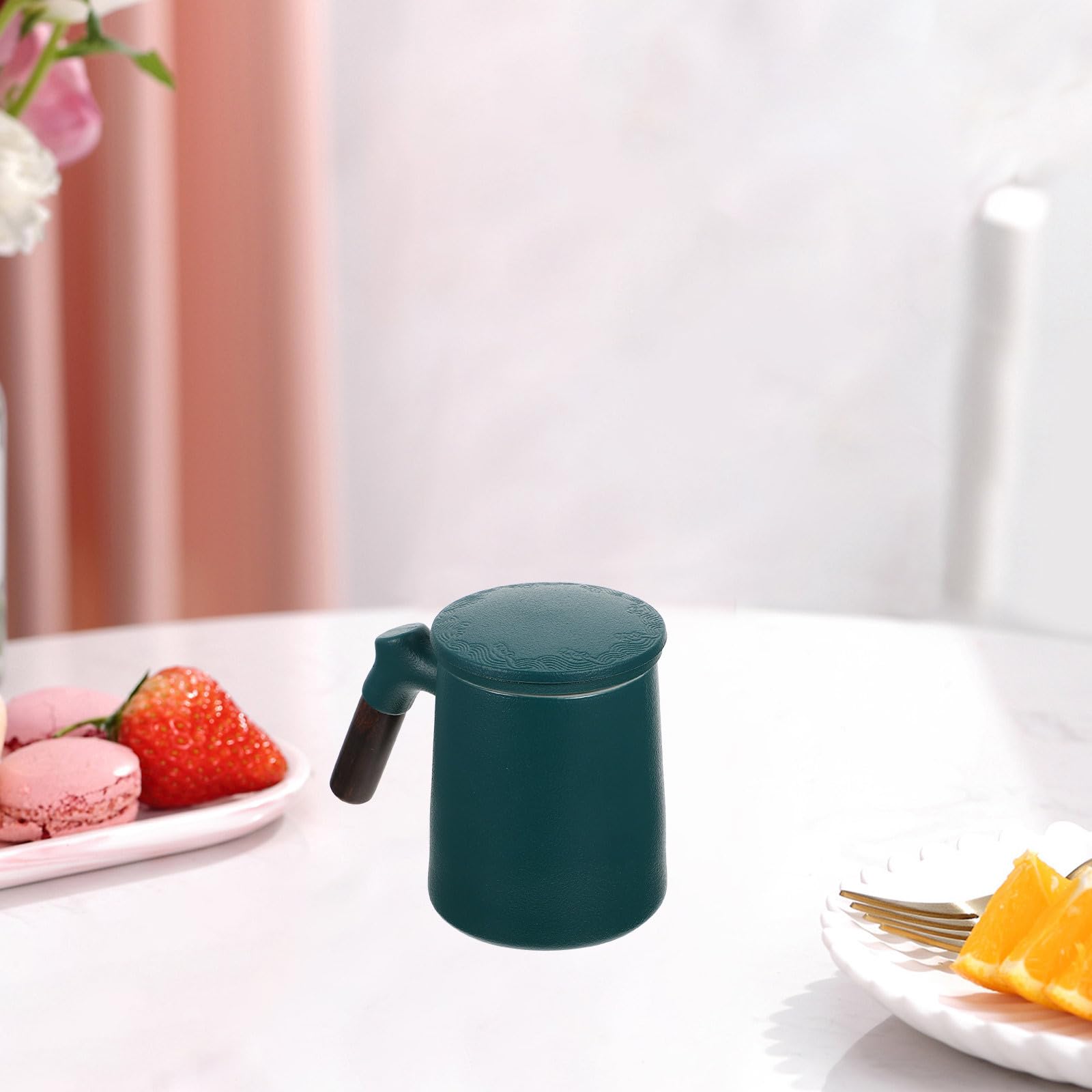 Alipis Taza de Té de Flores de Cerámica y Madera con Infusor y Tapa, Capacidad 320ml, Mango de Madera Antiescaldado y Base Antideslizante para Oficina y Hogar