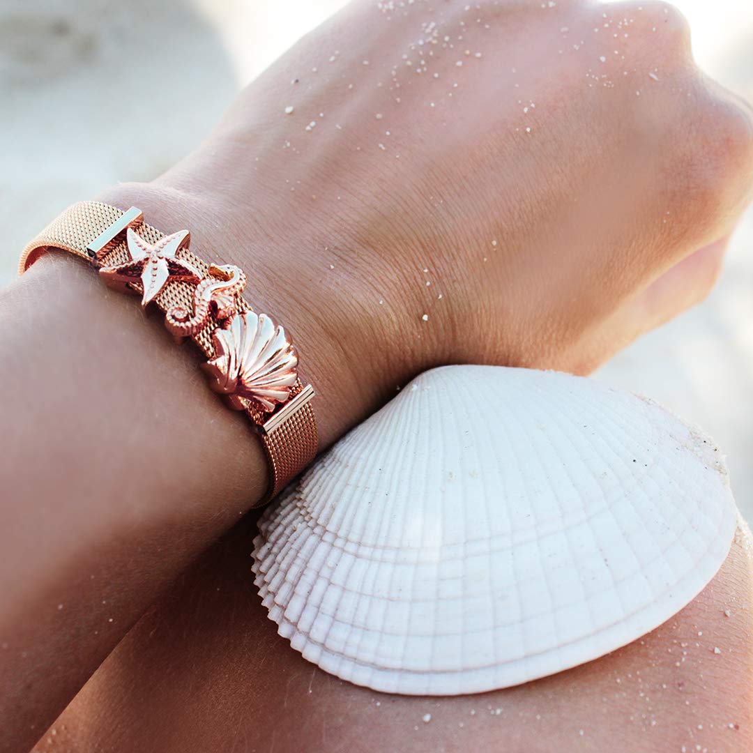 "Oceanlover juego de joyas | pulsera de encanto con tres encantos marítimos - concha, estrella de mar, caballito de mar | disponible en plata, oro, oro rosa | color: oro rosa