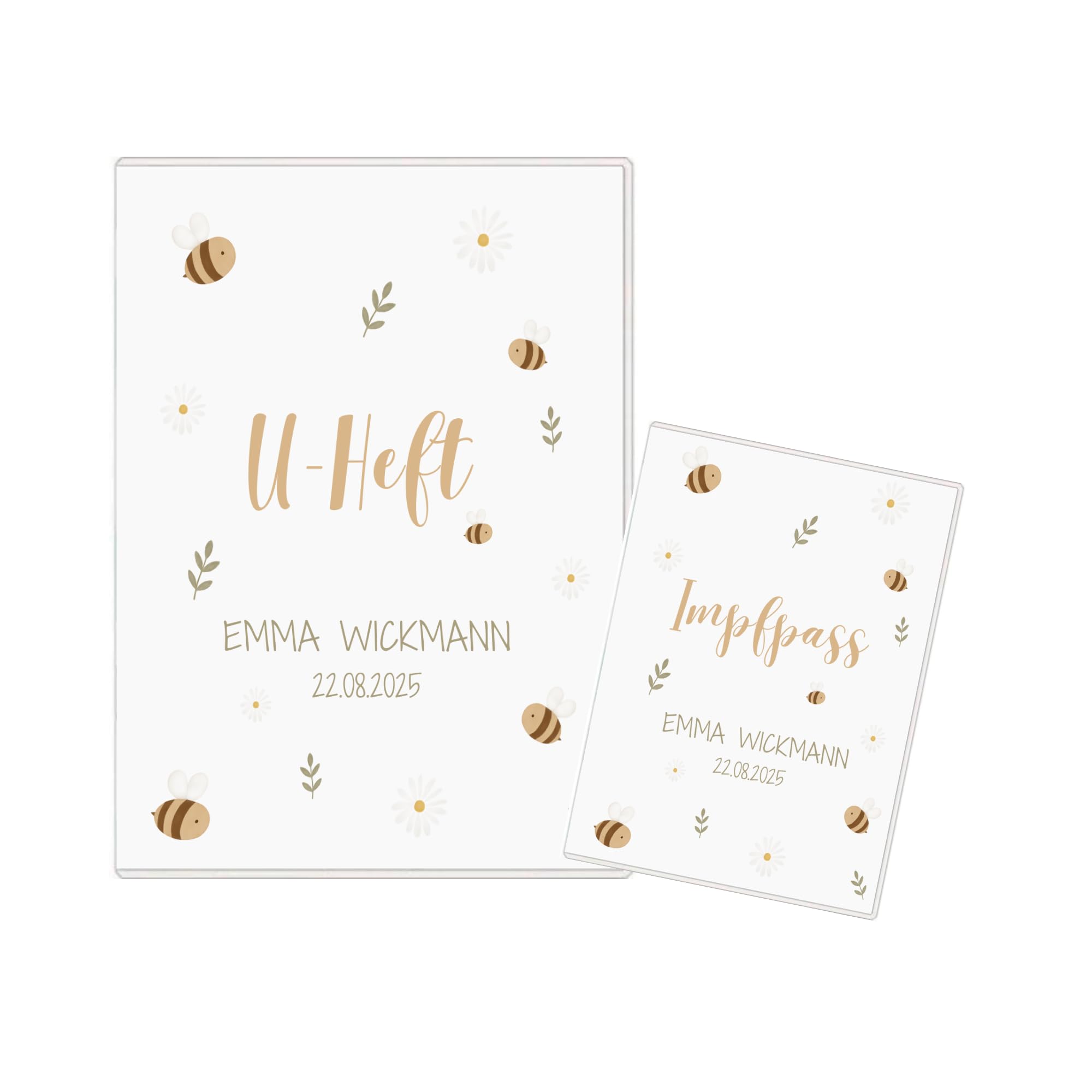 Personalisierte U-Heft Hülle mit Name & Geburtsdatum – U-Heft & Impfpass Hülle Baby – Untersuchungsheft Hülle personalisiert – Baby Geschenk zur Geburt oder Taufe (Bienchen & Blümchen)