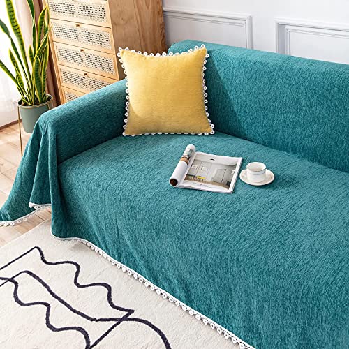 Dreamingo Modern Minimalist Sofa Covers For 3 Cushion Couch Sofa Chenille Couch Cover 71" X 118" Furniture Protector Couch Covers With Floral Lace For Dogs Cats, Bluish Green #TOP3